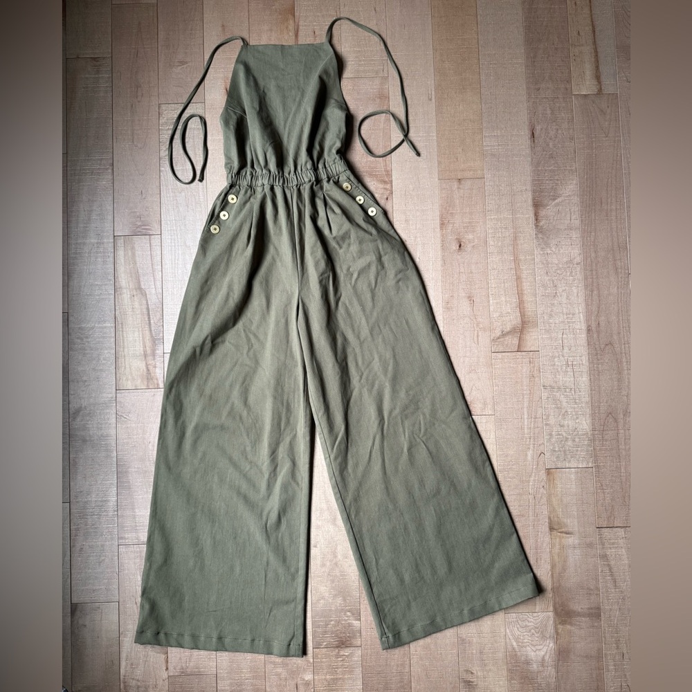 Sage Green Wide-Leg Jumpsuit with Spaghetti Straps - Picture 7 of 12